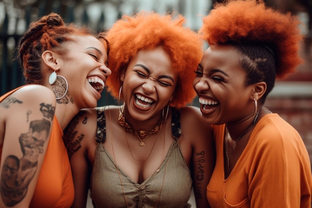 Trois femmes riant et riant ensemble, l'une d'elles a le mot amour sur le devant.