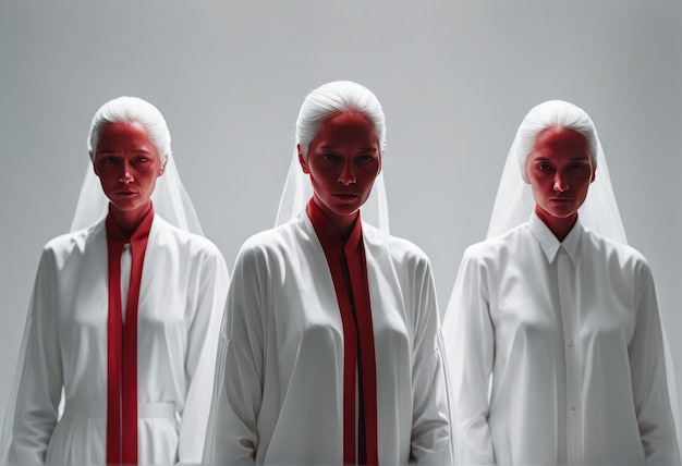 trois femmes en robe blanche sur un fond rougetrois femmes en robe blanche sur un fond rouge