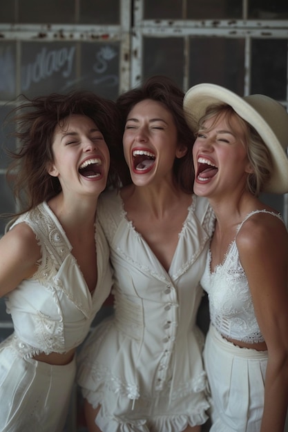 trois femmes en robes blanches et chapeaux rient et rient