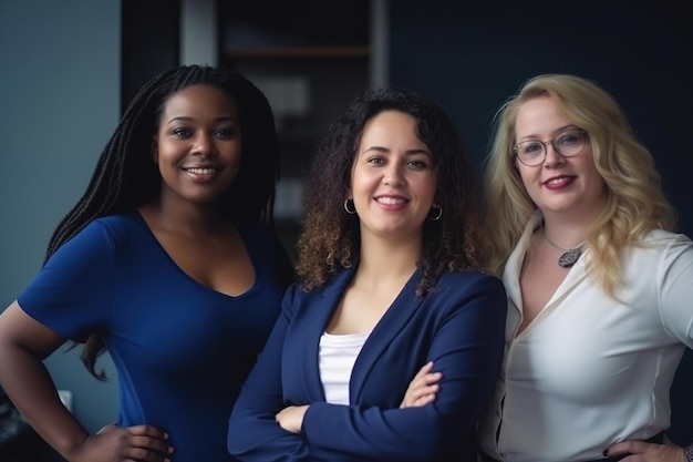 Trois femmes se tiennent alignées, l'une d'elles porte une robe bleue