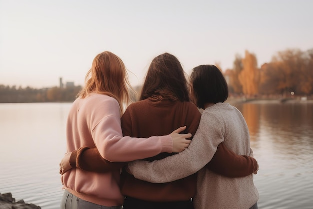 Trois femmes se tiennent ensemble sur la rive d'un lac en regardant l'eau