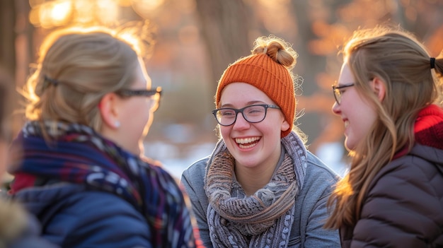 Trois femmes sont assises ensemble en souriant et en riant.