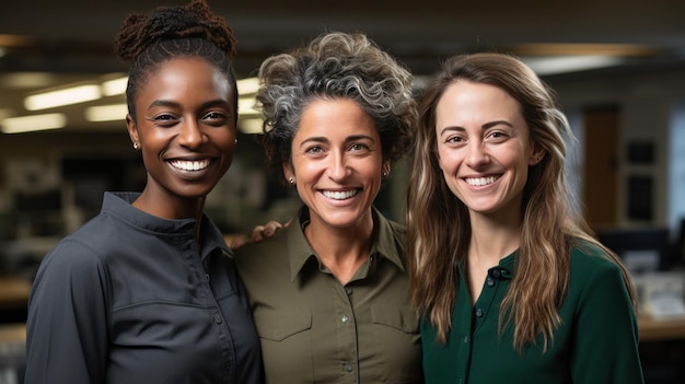 trois femmes sourient ensemble dans un bureau sombre