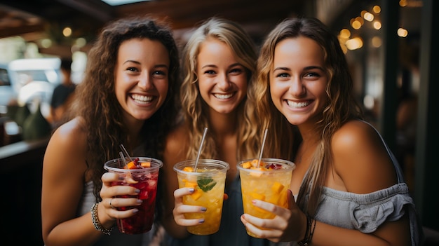 trois femmes tenant un verre et souriant devant la caméra Generative AI