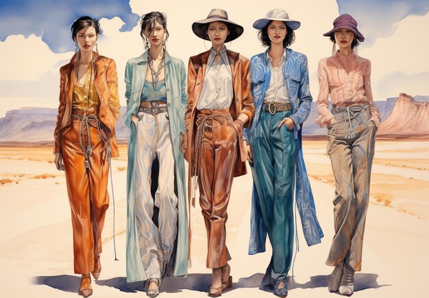 trois femmes en tenues de cowboy se tiennent dans le désert ai génératif