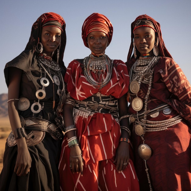 Photo trois femmes en tenues tribales posent dans le désert