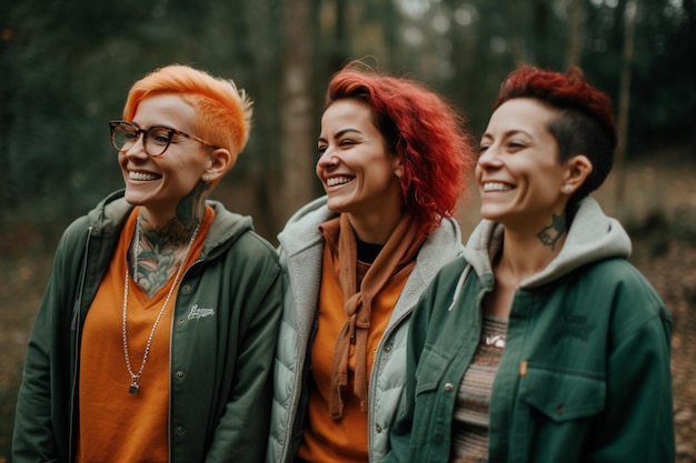 Trois femmes en vestes vertes se tiennent dans une forêt