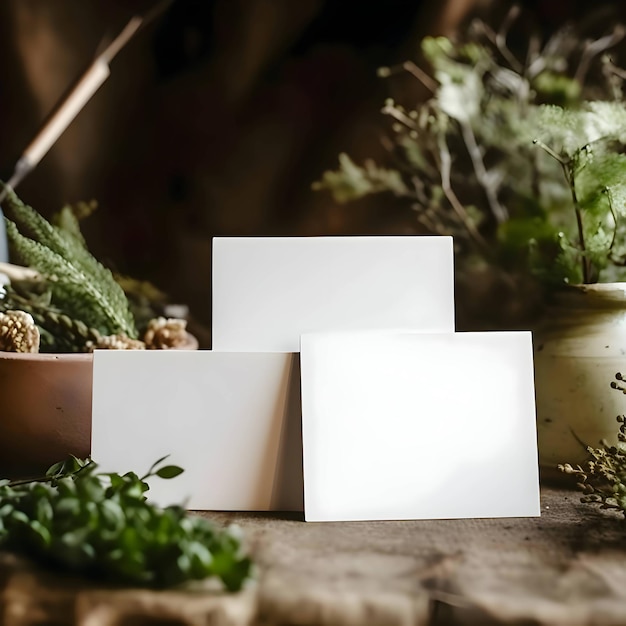 Trois feuilles blanches de papier disposées côte à côte autour de plantes vertes