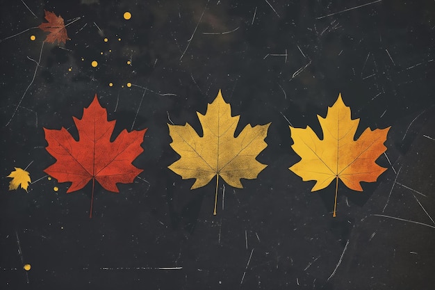 Photo trois feuilles d'érable minimalistes dans des teintes d'automne vibrantes sur un fond sombre texturé