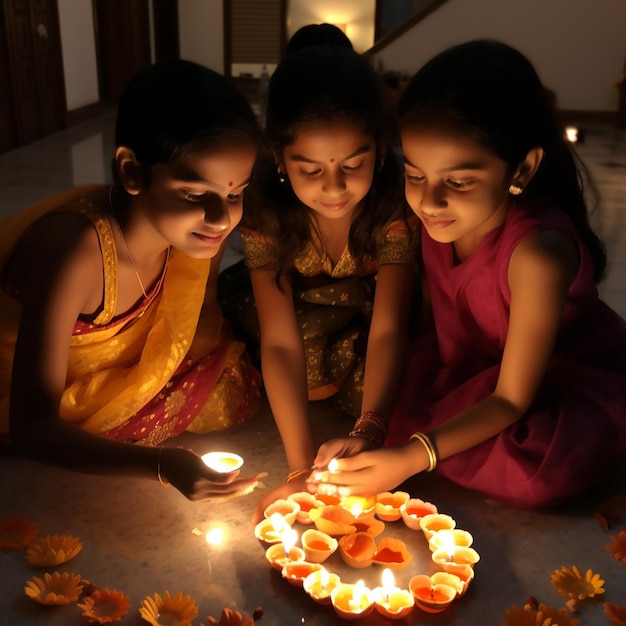 Trois filles allument une bougie avec le mot diwali dessus.