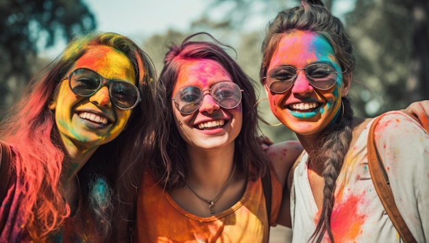 Trois filles aux visages couverts de couleurs holi sourient à la caméra.