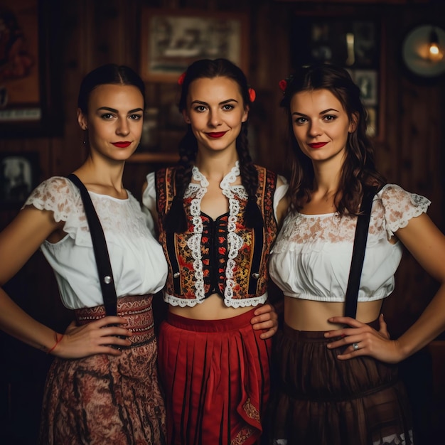 Trois filles bavaroises traditionnelles dans un bar