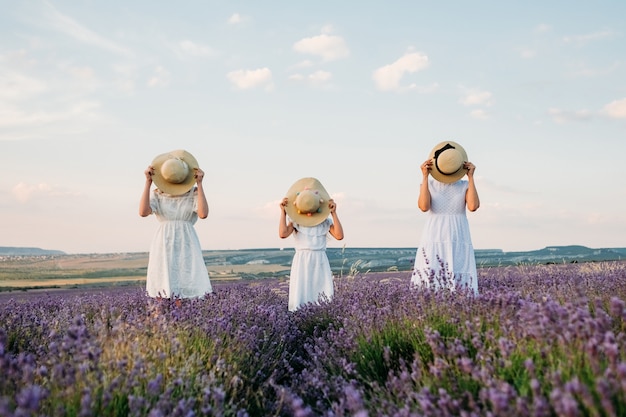 Trois filles avec des chapeaux dans un champ de lavande