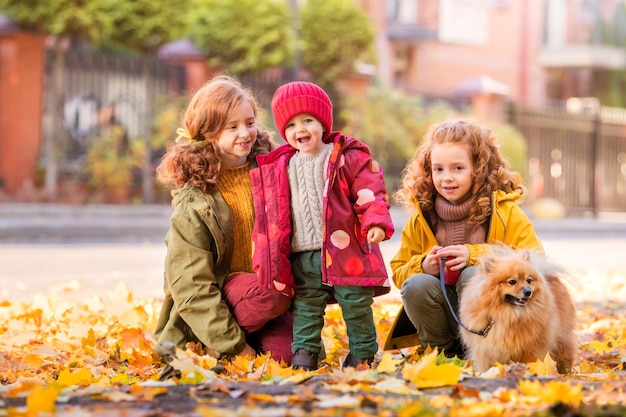 Trois filles deux sœurs aînées et un bébé marchent avec un chien poméranien moelleux le long de la rue et regardent les feuilles tombées par une journée d'automne ensoleillée