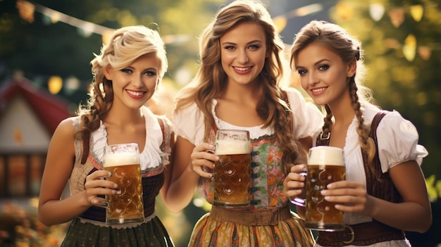 Trois filles en dirndl avec des tasses à bière