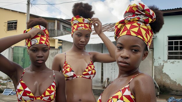 Photo trois filles portant des coiffures colorées avec un crâne sur la tête