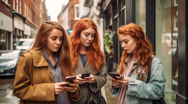 Trois filles regardant leur téléphone dans la rue