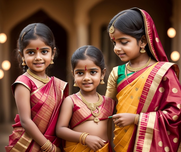 Trois filles en sari avec leur mère pointant quelque chose