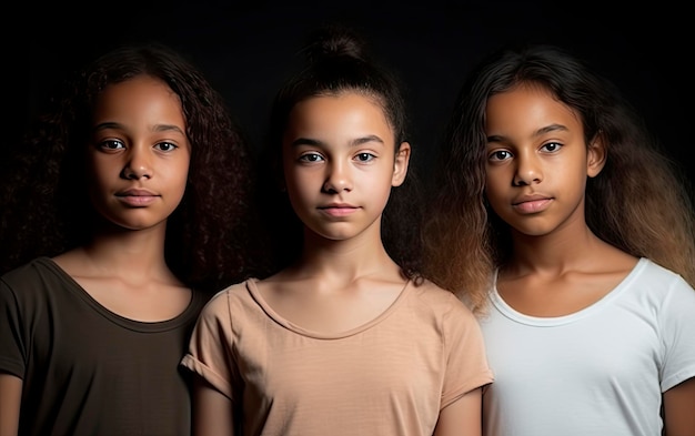 Trois filles se tiennent dans une rangée, dont l'une est noire et l'autre est noire.