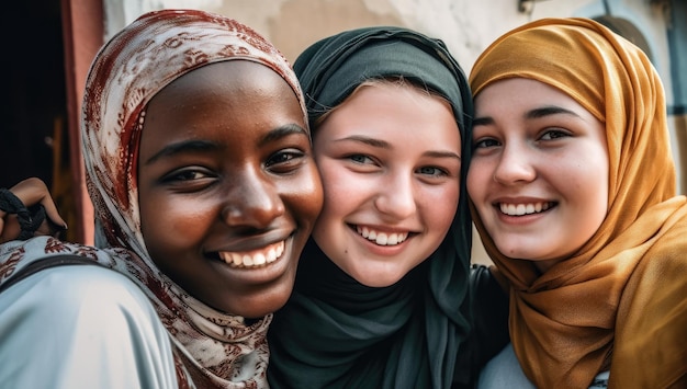 Trois filles souriantes et portant des foulards et un chapeau beige