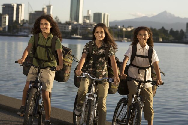 Photo trois filles à vélo avec une ville en arrière-plan