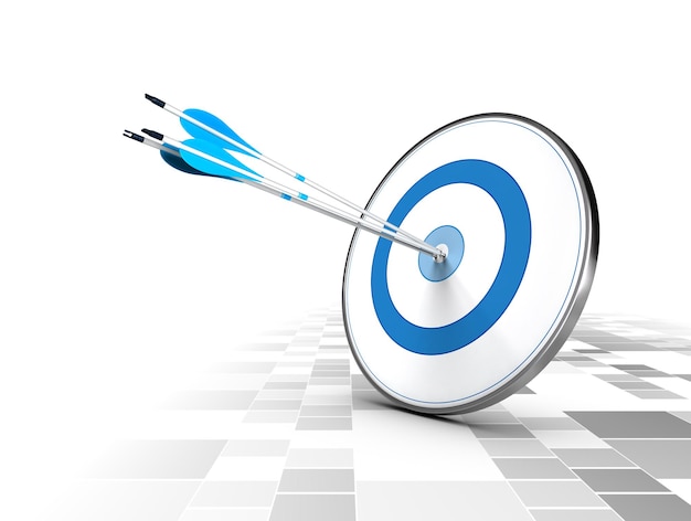 Trois flèches au centre d'une cible bleue, arrière-plan en damier moderne. Image appropriée pour l'illustration de solutions commerciales stratégiques ou à des fins de stratégie d'entreprise.