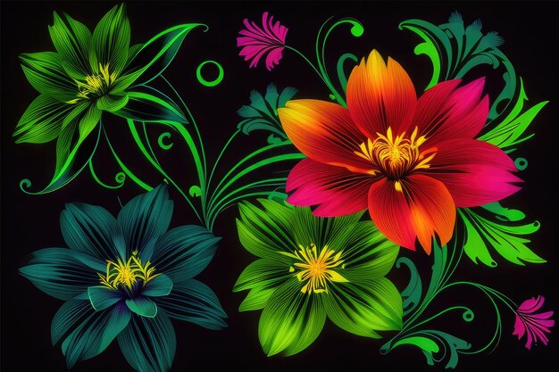 Trois fleurs aux couleurs vives qui fleurissent sur un fond noir foncé Generative AI