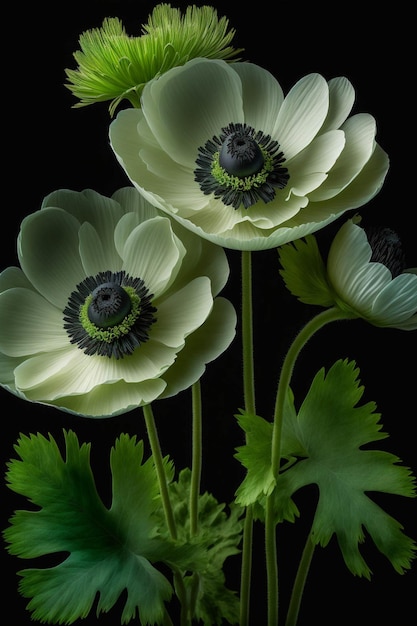Trois fleurs blanches avec des feuilles vertes dans un vase ai génératif