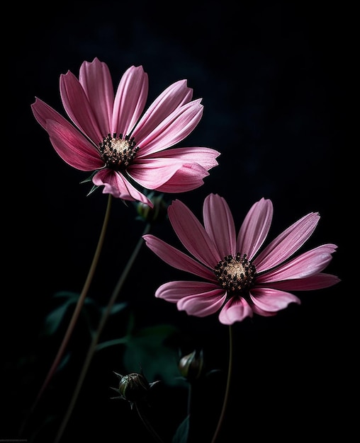 Trois fleurs roses sur un fond noir