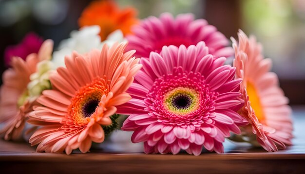 trois fleurs roses avec des pétales jaunes et roses sont dans un vase
