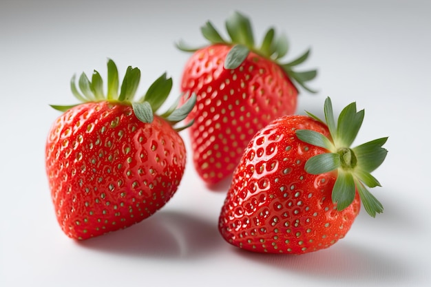 Trois fraises rouges mûres sur un fond blanc propre Generative AI