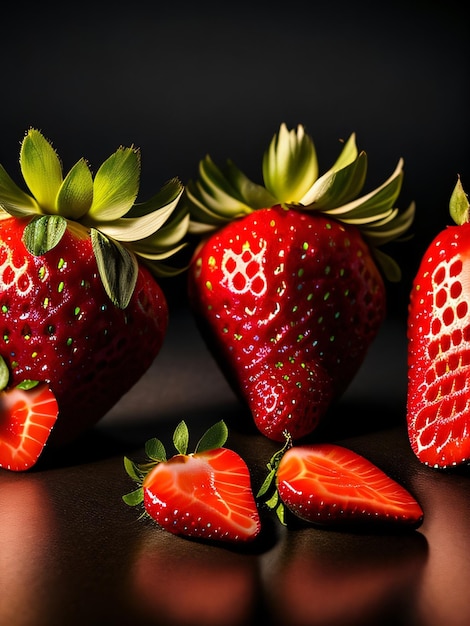 Trois fraises rouges sur une table dont une coupée en deux.