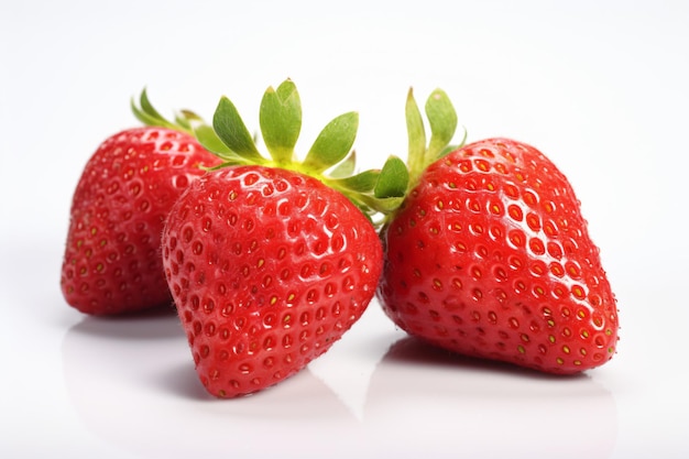 trois fraises sont assises sur une surface blanche