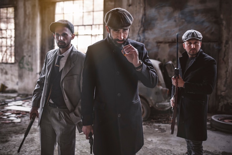 Photo trois gangsters avec des armes à feu et dangereux en main. hommes en vêtements vintage et armes à feu. fond d'usine abandonnée.
