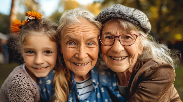 Photo trois générations de femmes, une grand-mère, une mère et une fille sourient à la caméra.