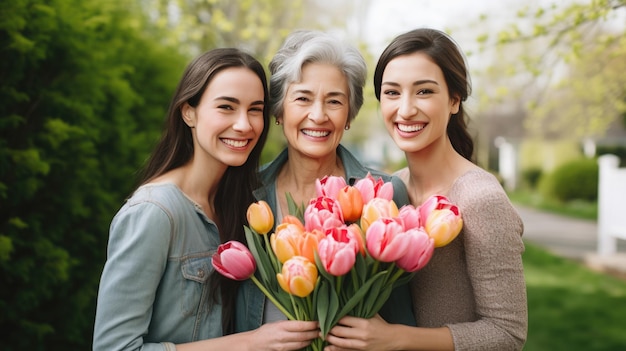 Trois générations de femmes une jeune femme sa mère et sa grand-mère sourient et s'embrassent chacune tenant un bouquet de tulipes symbolisant la famille et l'affection