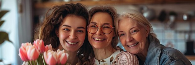 Trois générations de femmes souriantes ensemble dans un cadre domestique confortable tenant des tulipes roses rayonnant de bonheur amour et chaleur familiale Concept de la Journée internationale de la femme