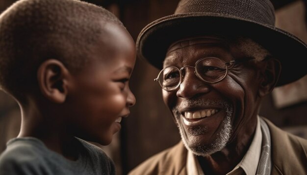 Photo trois générations d'hommes souriants se liant et appréciant l'unité familiale générée par l'ia