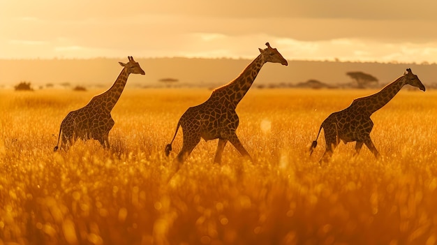 Trois girafes errant dans la savane au coucher du soleil beauté de la faune dans l'heure d'or parfait pour les dessins naturels à thème paisible paysage africain capturé AI