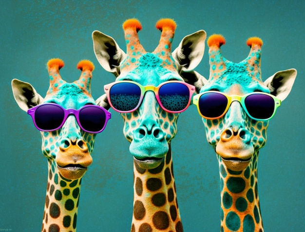 Trois girafes portant des lunettes de soleil et un fond bleu