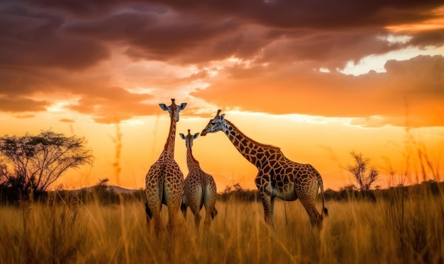 Trois girafes se tiennent dans un champ avec un coucher de soleil derrière elles.
