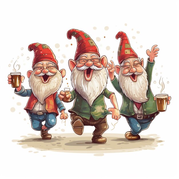 trois gnomes avec de la bière et une tasse de bière se tiennent ensemble