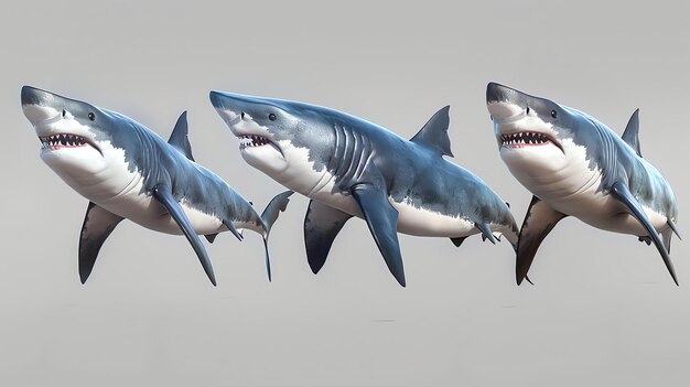 Photo trois grands requins blancs nagent dans l'océan les requins sont tous de tailles différentes avec le plus grand au milieu