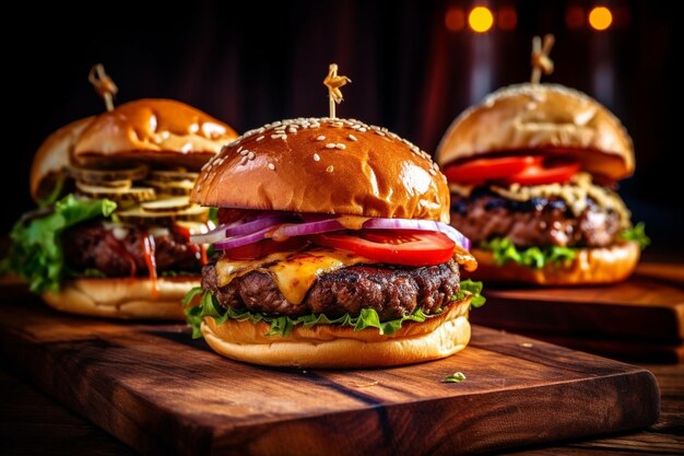 Trois gros hamburgers avec de la viande cuite sur du charbon de barbecue Déjeuner avec de la bière et du jus sur une IA générative en bois