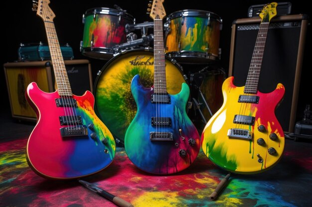 Les trois guitares sont disposées avec de la peinture colorée l'une sur l'autre dans le style d'un fond infernal.