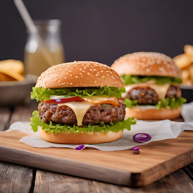 trois hamburgers avec du fromage et de la viande sur une planche en bois