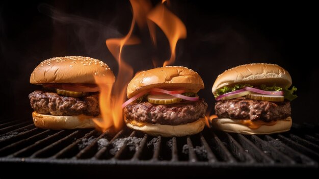 Photo trois hamburgers sur un gril avec des flammes qui sortent d'eux