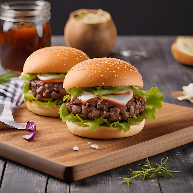 trois hamburgers avec laitue et laitue sur une planche en bois