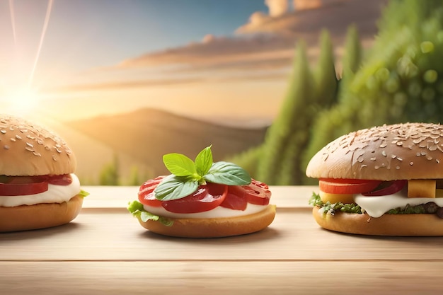 Trois hamburgers sur une table en bois avec un coucher de soleil en arrière-plan