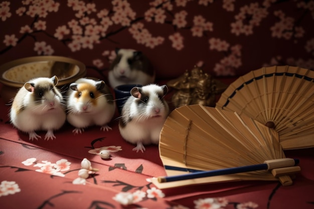 Trois hamsters sont assis à côté d'un ventilateur et d'un bol Image AI générative